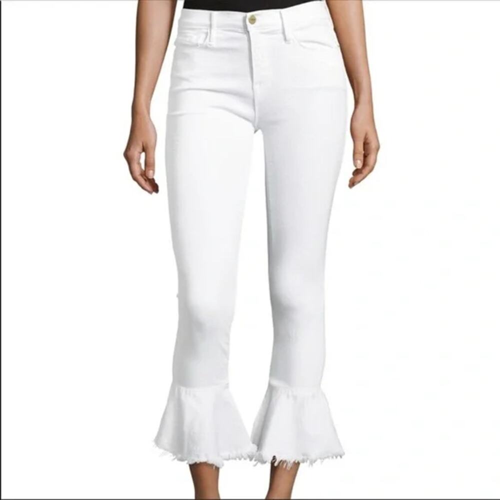 Frame Le Skinny De Jeanne White Flounce Flare Denim Jeans Mid Skinny Crop SZ 28
